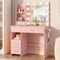 Otterease Vanity Desk with LED Lighted Mirror&Power Outlet, 3 Lighting Colors Makeup Vanity with 5 Large Drawers and 3 Storage Shelves, Vanity with Storage Stool for Bedroom, Pink