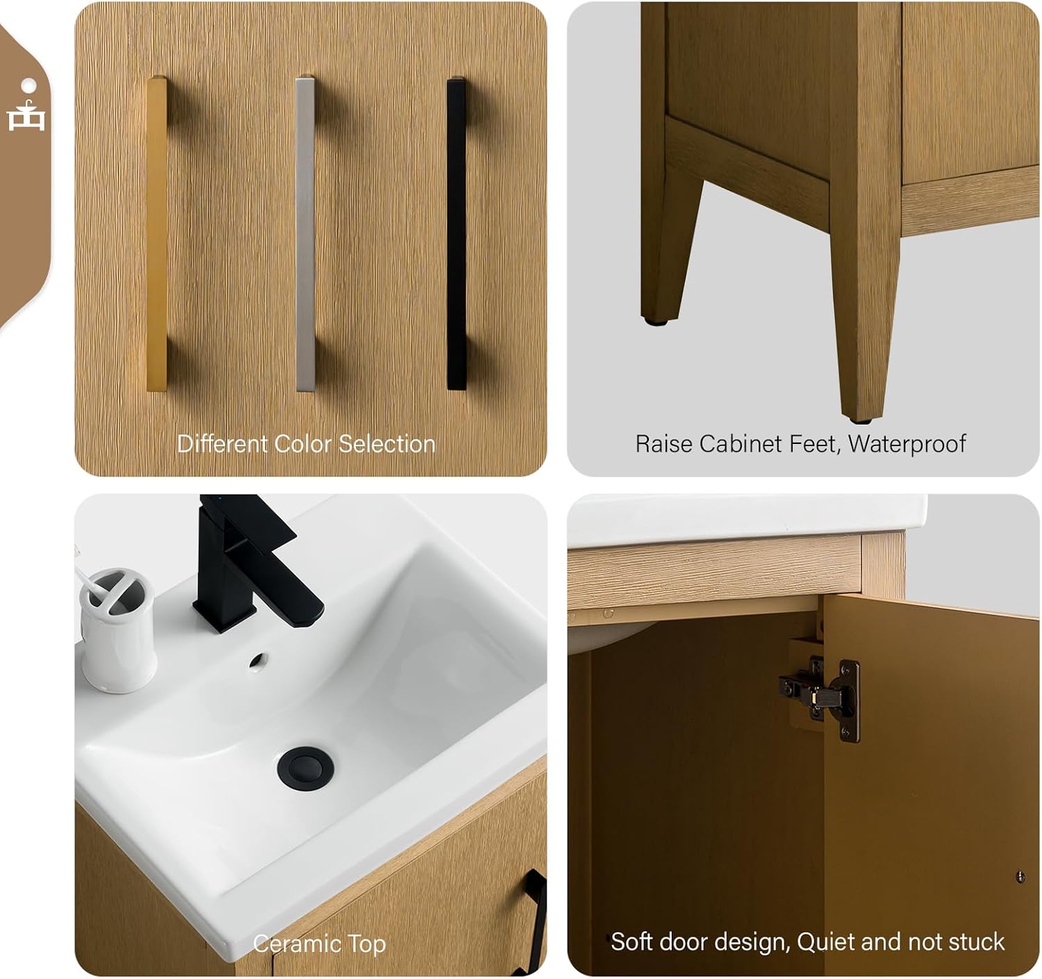 Vanity Art 24 inch Bathroom Vanity with Single Sink & Ceramic Top, Vanity Cabinet with Soft-Closing Doors, Solid Wood Frame, Natural Oak, VA9024-NO-BN1