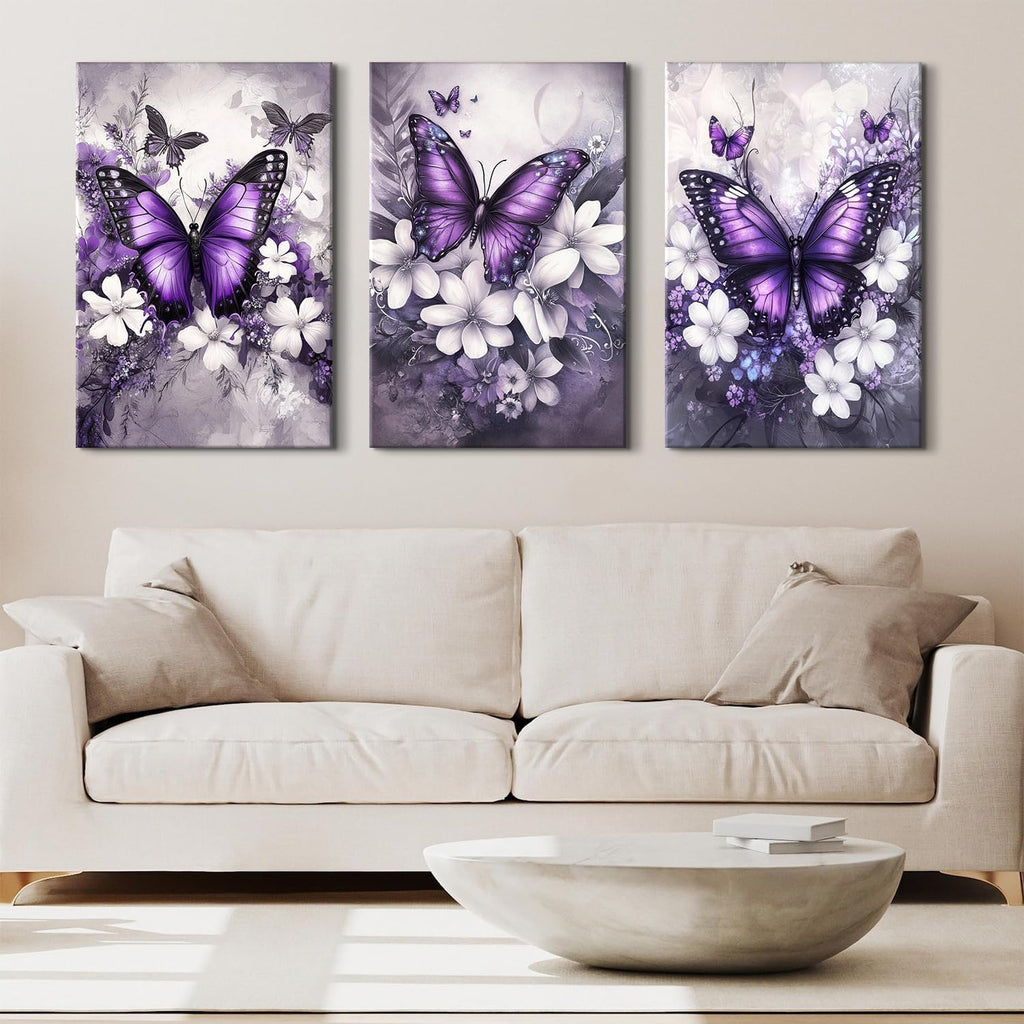 Vintage Floral Wall Art Purple Butterfly Flower Wall Decor Nature Blossom Botanical Pictures Farmhouse Wildflower Canvas Prints Painting Artwork for Bedroom Living Room Home Decoration 24x36' 3Pcs