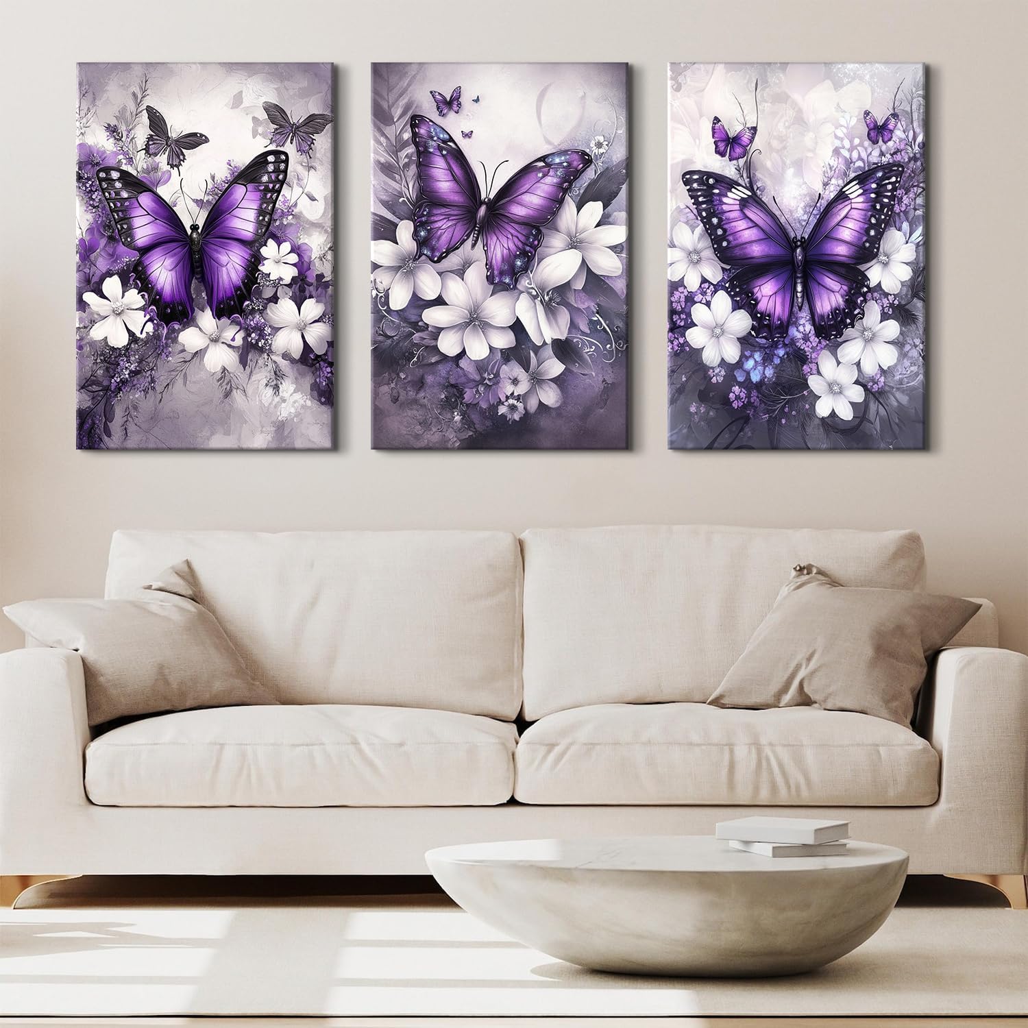 Vintage Floral Wall Art Purple Butterfly Flower Wall Decor Nature Blossom Botanical Pictures Farmhouse Wildflower Canvas Prints Painting Artwork for Bedroom Living Room Home Decoration 24x36' 3Pcs