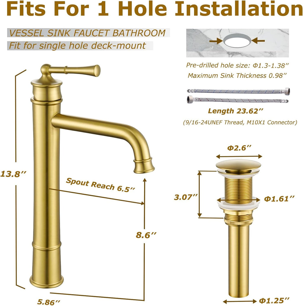 Vessel Sink Faucet Brushed Gold Tall Bathroom Faucet Deck Mount Single Handle One Hole Lavatory Vanity Faucet with Pop Up Drain Assembly Bathroom Sink Faucet for Mixer Bowl(L2302-BG)