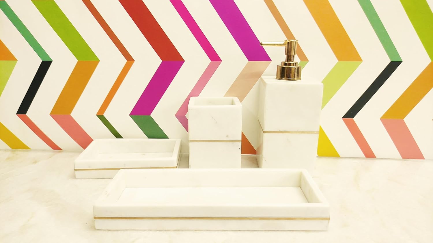 Marble Bathroom Accessories Set – Combo Pack of Soap Dispenser and Big Tray – Elegant Marble Look for Vanity, Sink Counter, and Bathroom Decor (Marble Soap Dispenser + Marble Big Tray)