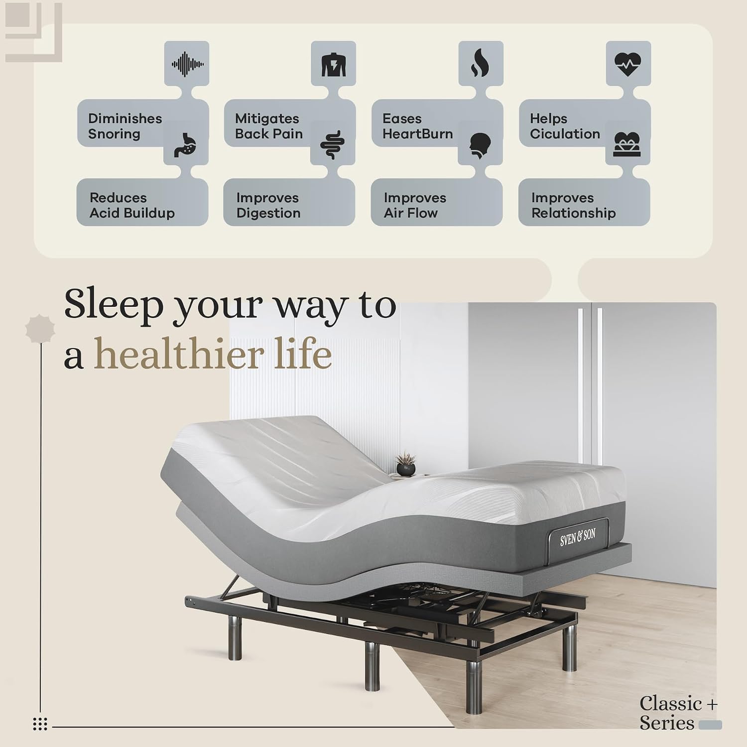 Sven & Son Harmony Adjustable Bed Base, Head and Foot Lift, Massage, Under-Bed Lights, USB, Gel Memory, Zero Gravity Smart Frame - Twin XL + 14 inch Hybrid Spring Matt (Medium Soft)