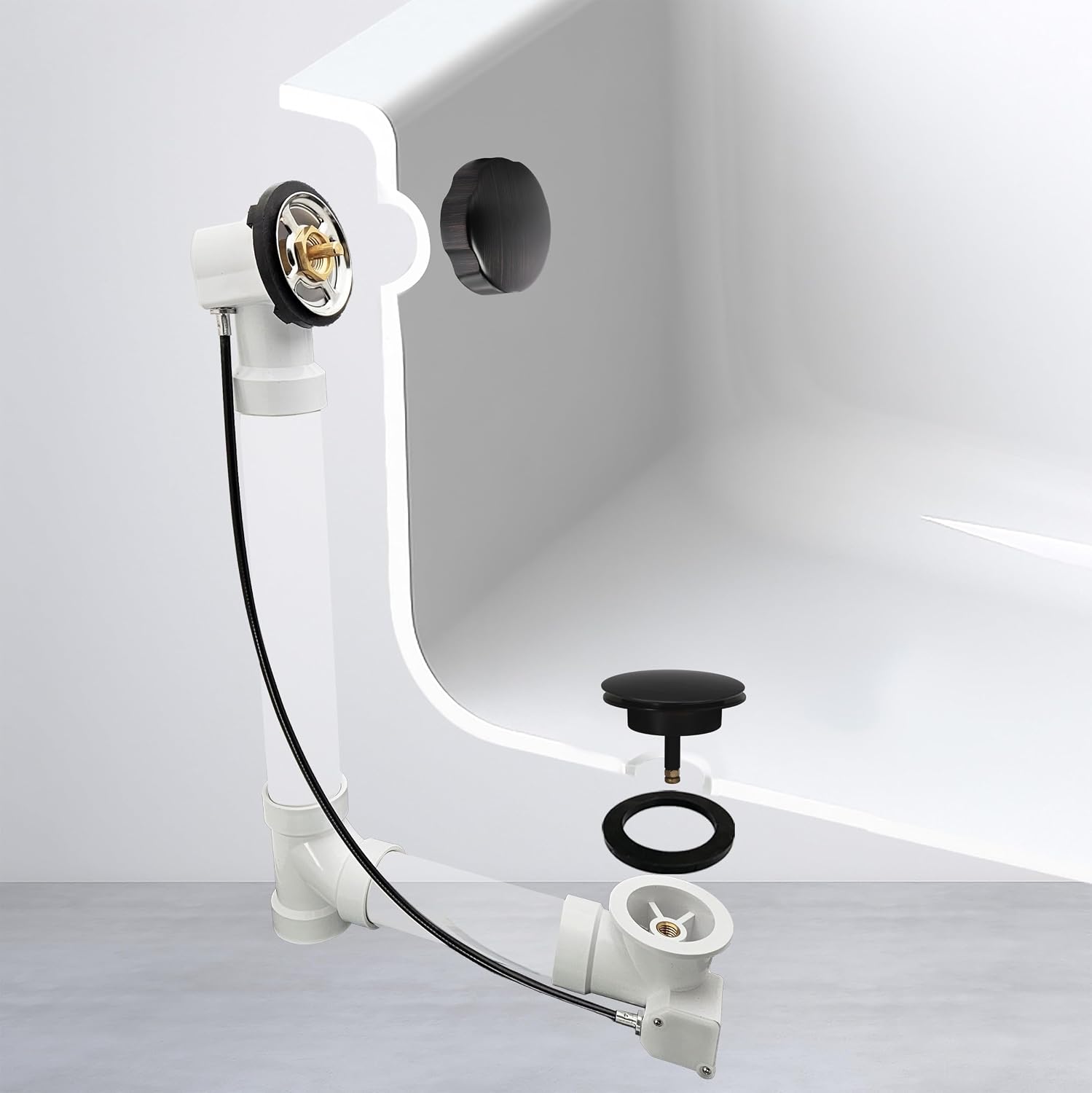 Westbrass A50P45-12A 45' SCH. 40 PVC Cable Driven Bath Drain Trim Kit with Rotary Overflow Cover Knob and Pop-Up Stopper, Antique Bronze