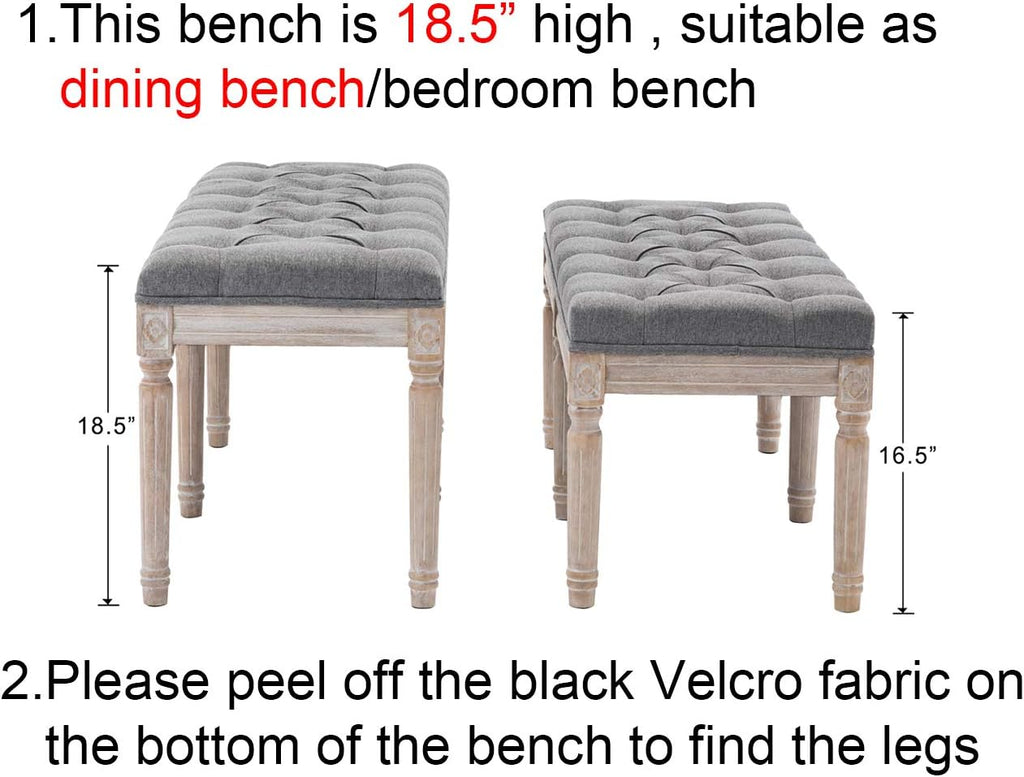 Kmax 45' Upholstered Dining Room Bench, Rustic Living Room Ottoman Bench with Carved Pattern & Rustic White Brushed Rubber Wood Legs, Gray