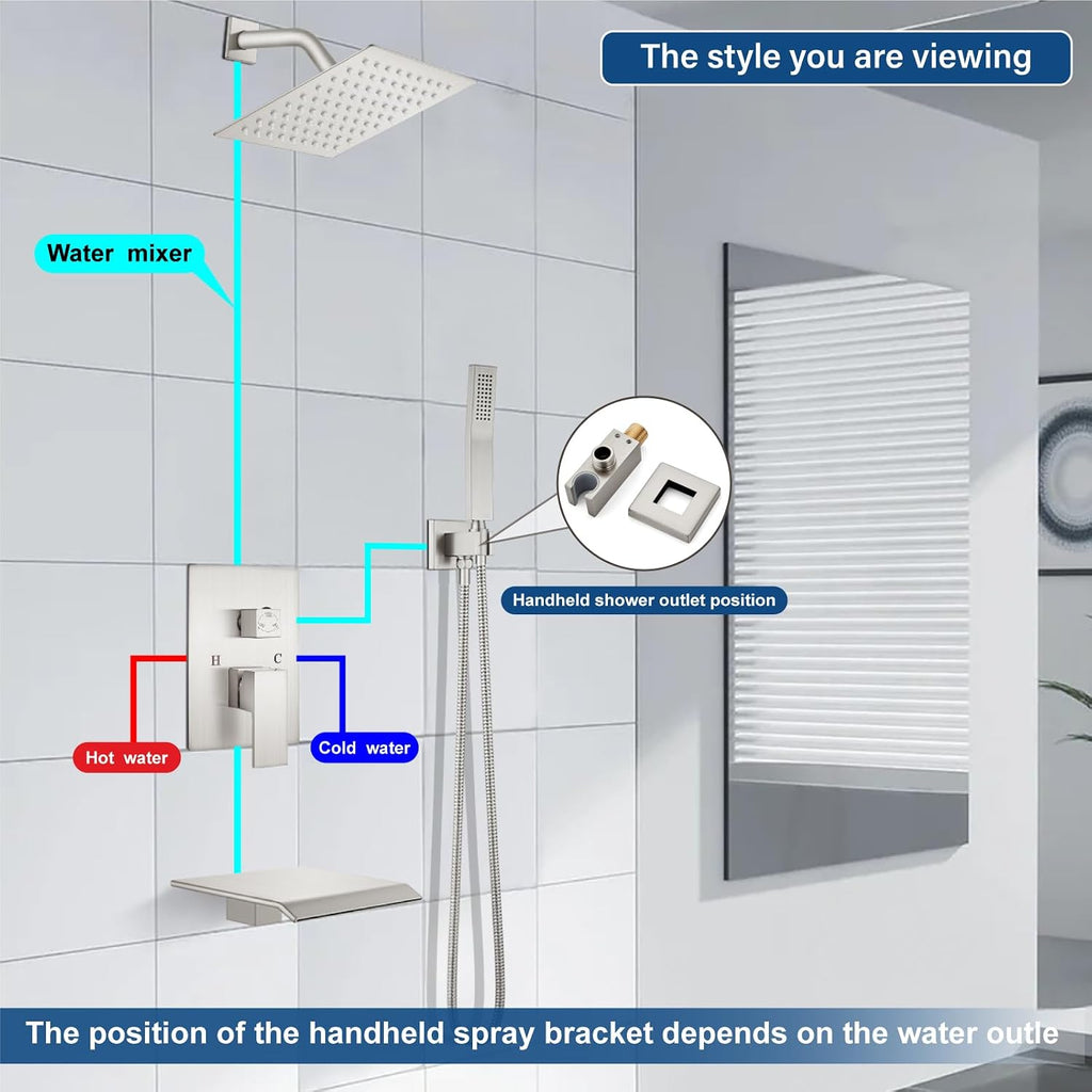 Midanya Brushed Nickel Morden Widespread Bathroom Faucet 3 Holes 2 Handles 8 Inch Vanity Faucet with 8 Inch Brushed Nickel Rain Shower System Tub Shower Faucet Set Square Waterfall Tub Spout