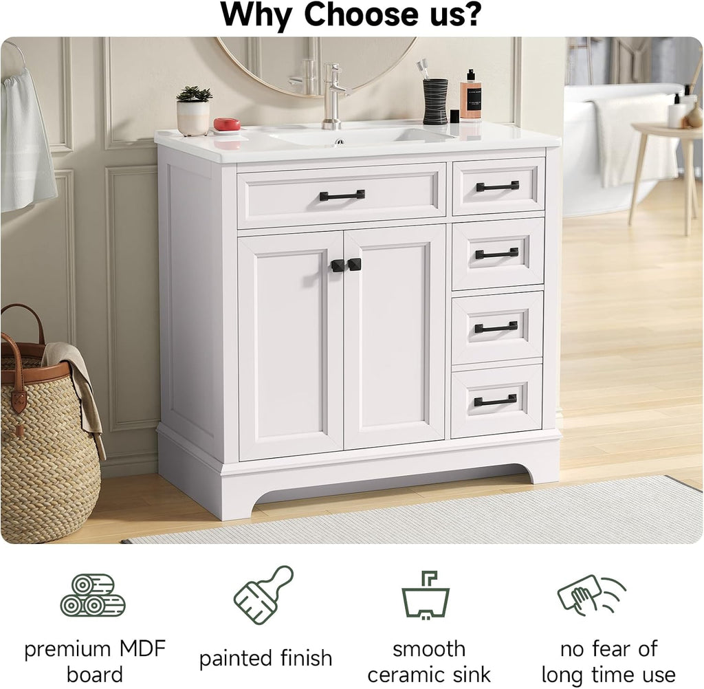ONBRILL 36' Luxurious Bathroom Vanity with Ceramic Sink, Modern Freestanding Bathroom Single Sink Vanities Cabinet with 2 Soft Closing Doors & 2 Drawers, Adjustable Shelf & Paint Surface (White)
