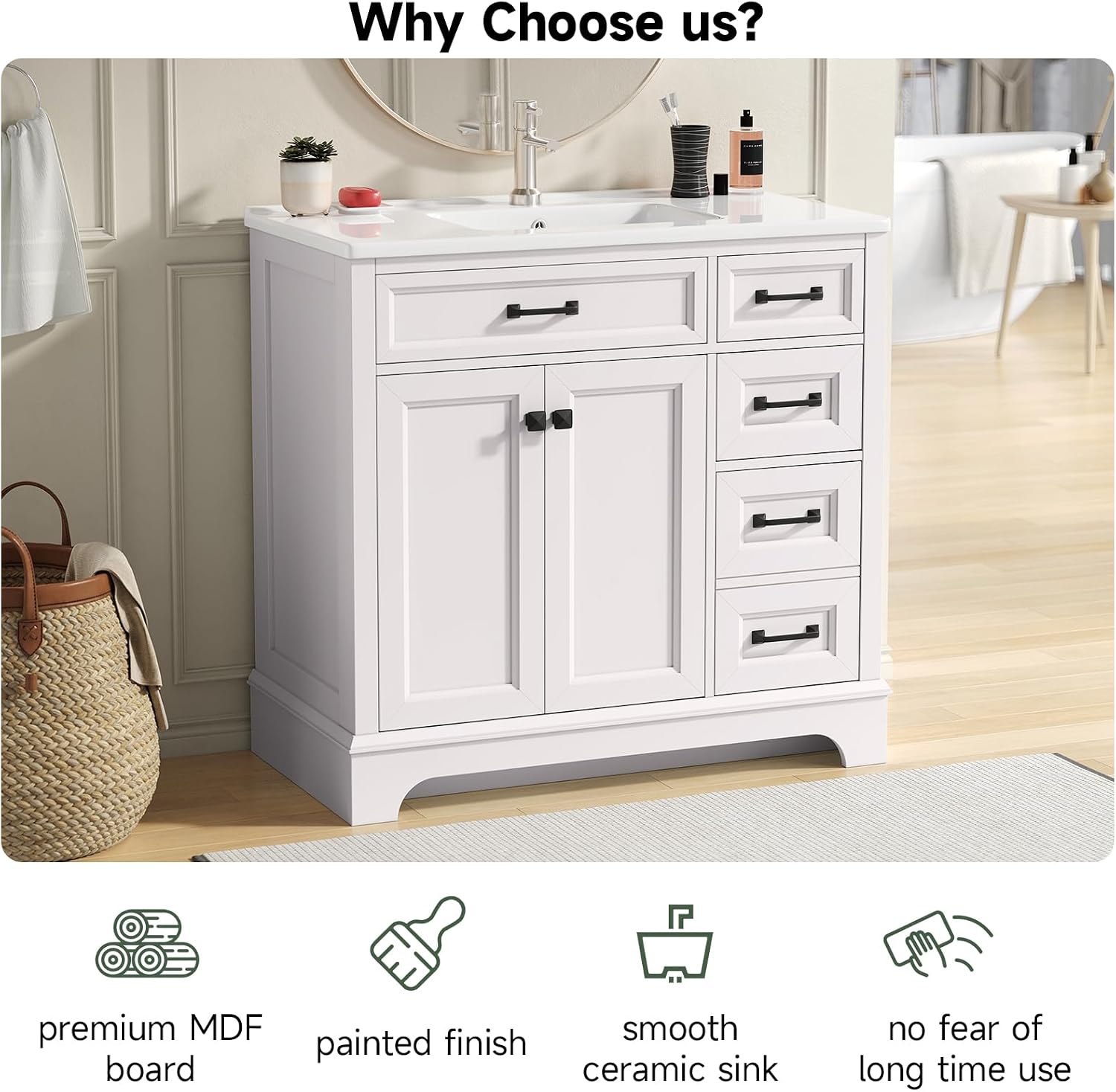 ONBRILL 36' Luxurious Bathroom Vanity with Ceramic Sink, Modern Freestanding Bathroom Single Sink Vanities Cabinet with 2 Soft Closing Doors & 2 Drawers, Adjustable Shelf & Paint Surface (White)