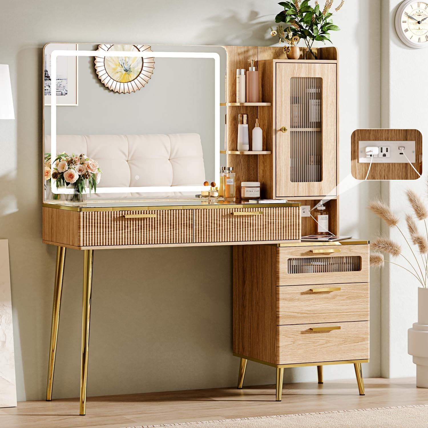 Arulvmrn Vanity Desk with 29.53' HD Lighted Mirror, 47.24' Big Modern Vanity Desk with Mirror and Lights, Makeup Vanity with 5 Drawers and Storage Shelves and Charging Station, Oak