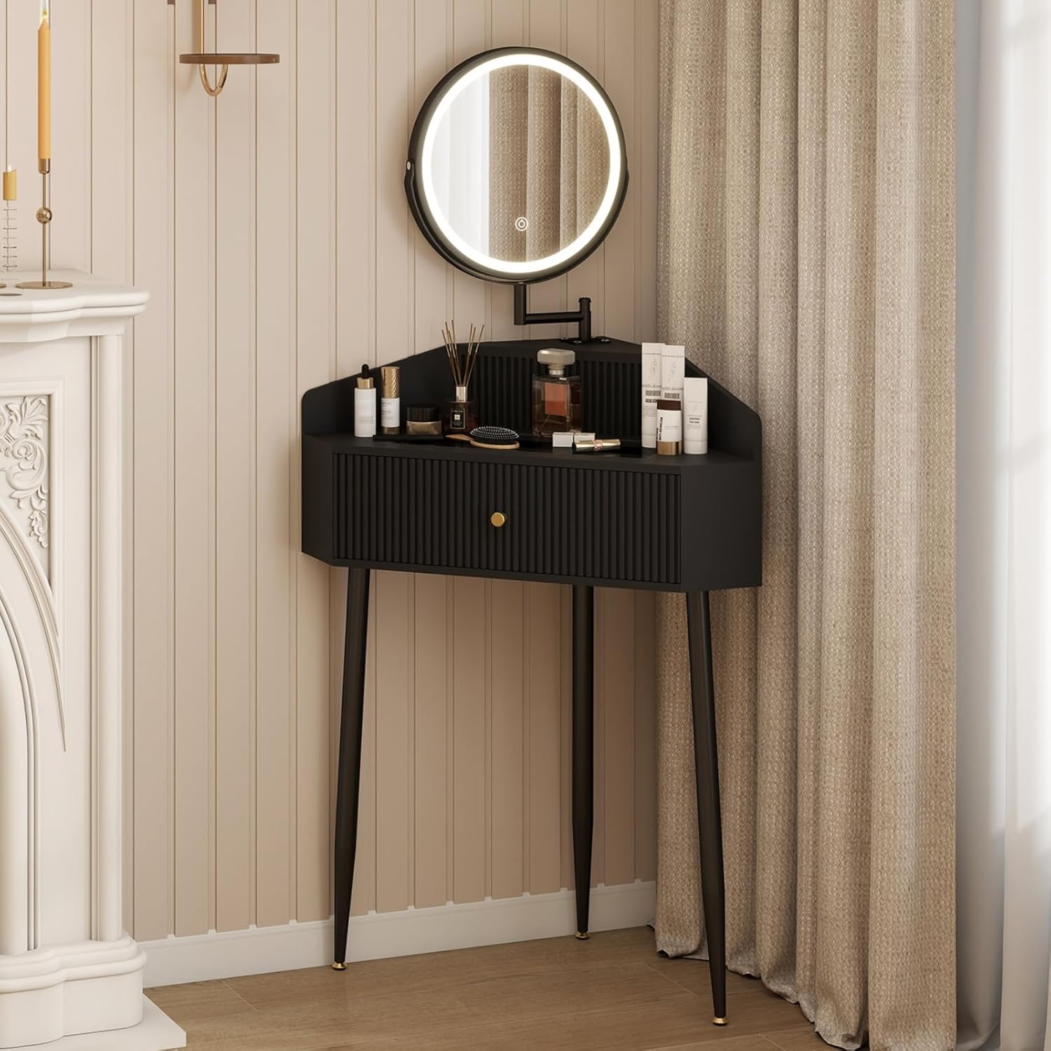 ARTETHYS Corner Vanity Desk with Retractable and Rotating Mirror and Lights Small Modern Black Makeup Vanity Set with Glass Top for Women Compact Girls Dressing Table with Storage for Small Space