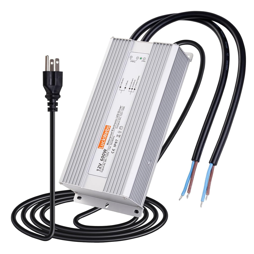 LED Driver 12V 600W Waterproof Power Supply AC 90-130V to DC 12V50A Low-Voltage IP67 Switching Power Supply Outdoor LED Garden Landscape Lights LED Strip Light Spotlights Transformer