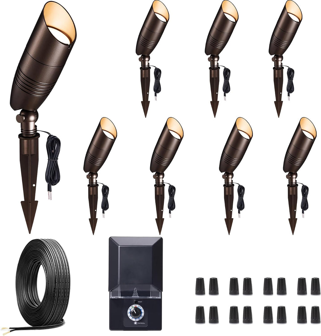 Outdoor Landscape Lighting Kit, with 8 Pack Spotlights and 100W Transformer and 100FT Cable and 30 Wire Connectors, 3CCT Aluminum ORB LED Spotlight for Porch Backyard Fence