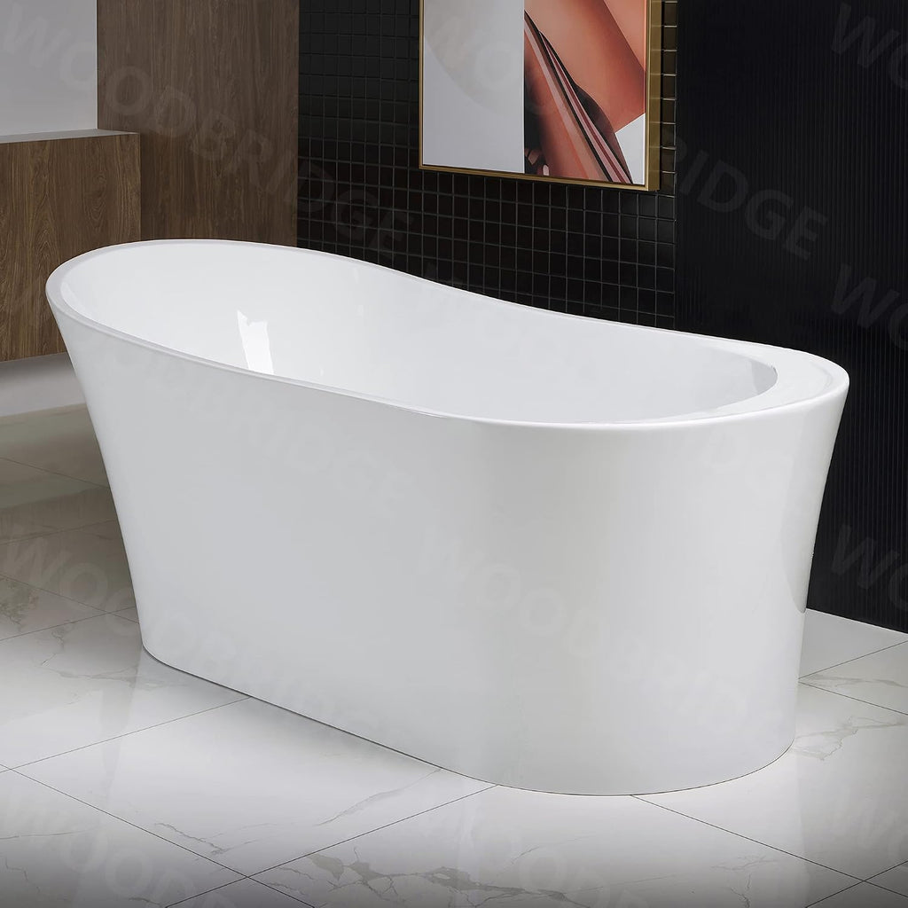 WOODBRIDGE 59' Acrylic Freestanding Bathtub Contemporary Soaking White Tub with Oil Rubbed Bronze Overflow and Drain，B0083-ORB-Drain&O