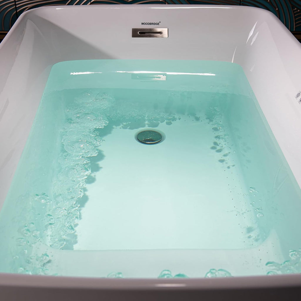 WOODBRIDGE 48' Acrylic Freestanding Rectangular Air Bath Bathtub with Pre-molded Seat and Brushed Nickel Pop-Up Drain and Overflow Option, White, B0170-B