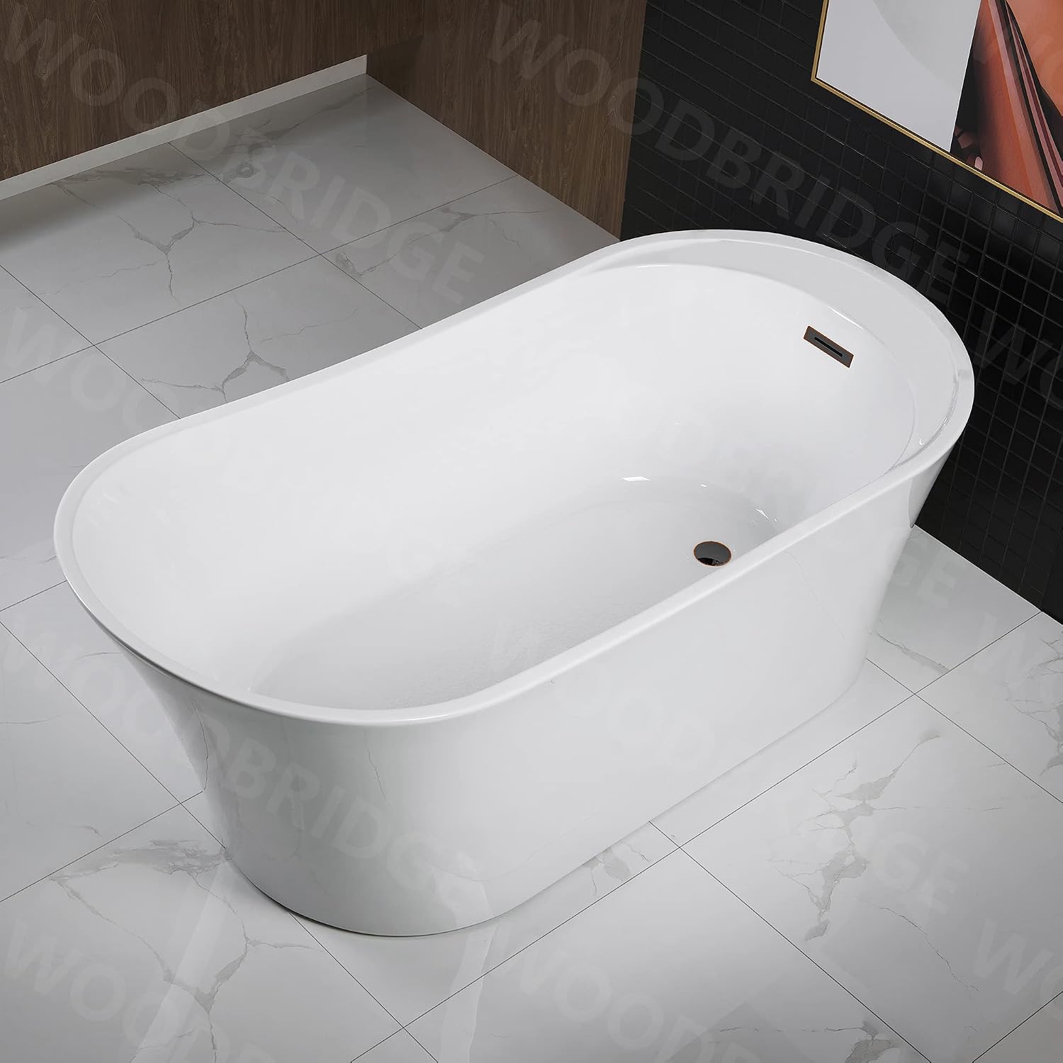 WOODBRIDGE 59' Acrylic Freestanding Bathtub Contemporary Soaking White Tub with Oil Rubbed Bronze Overflow and Drain，B0083-ORB-Drain&O