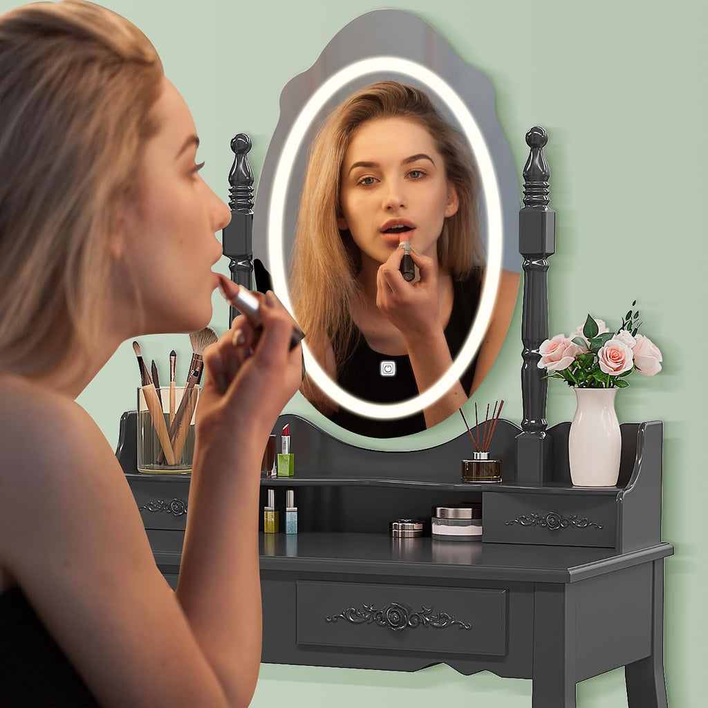 Vanity Desk with Mirror and Lights, Modern Vanity Makeup Table and Cushioned Stool Set with 4 Drawers, 3 Color Lighting Modes with Adjustable Brightness, Dressing Table Set for Bedroom (Black Vanity)
