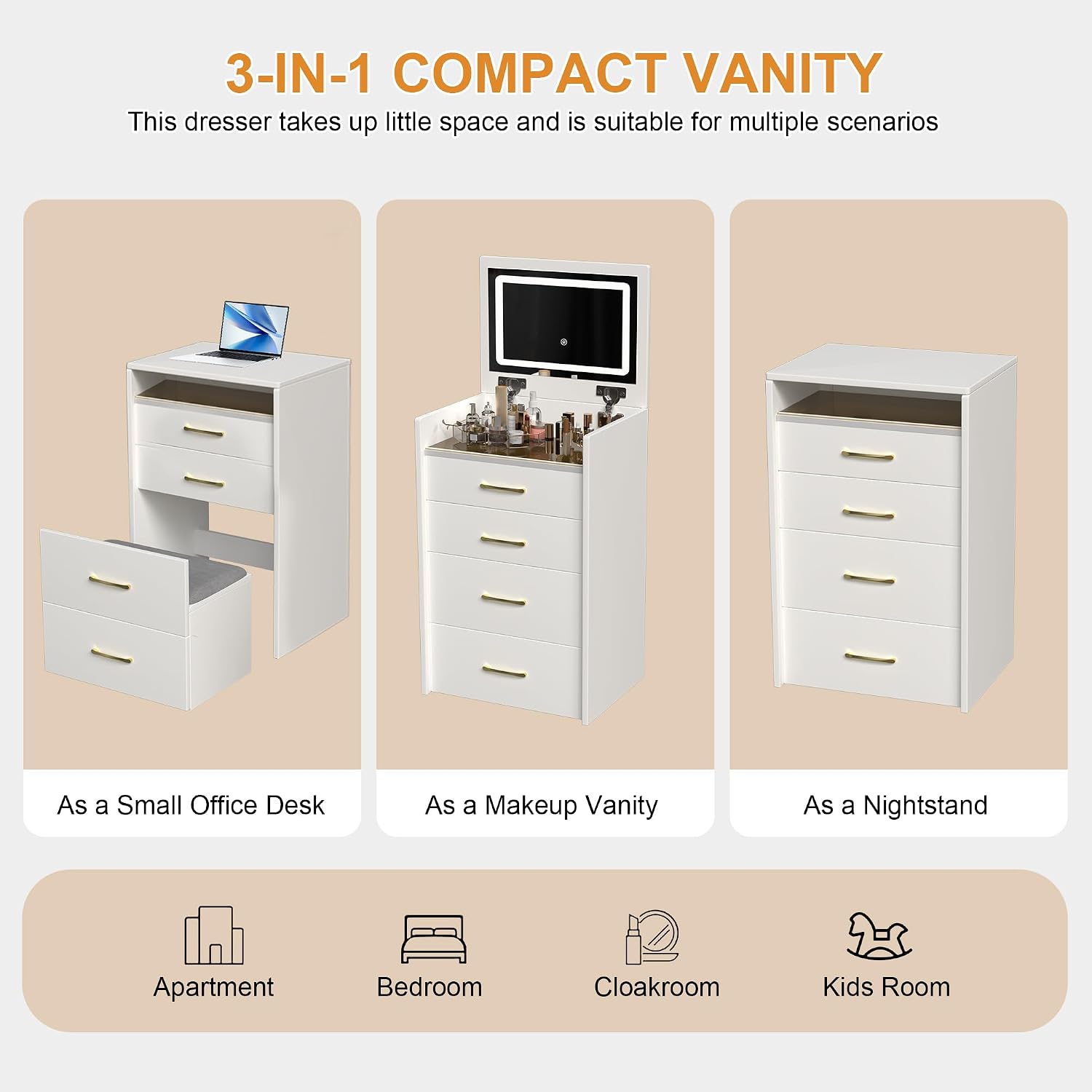 3 in 1 Vanity Desk with Plip Top Mirror and Lights,Small Make Up Vanity Set with Visible Glass Desktop,Compact Makeup Vanity with 3 Drawers,Dressing Table for Bedroom,White
