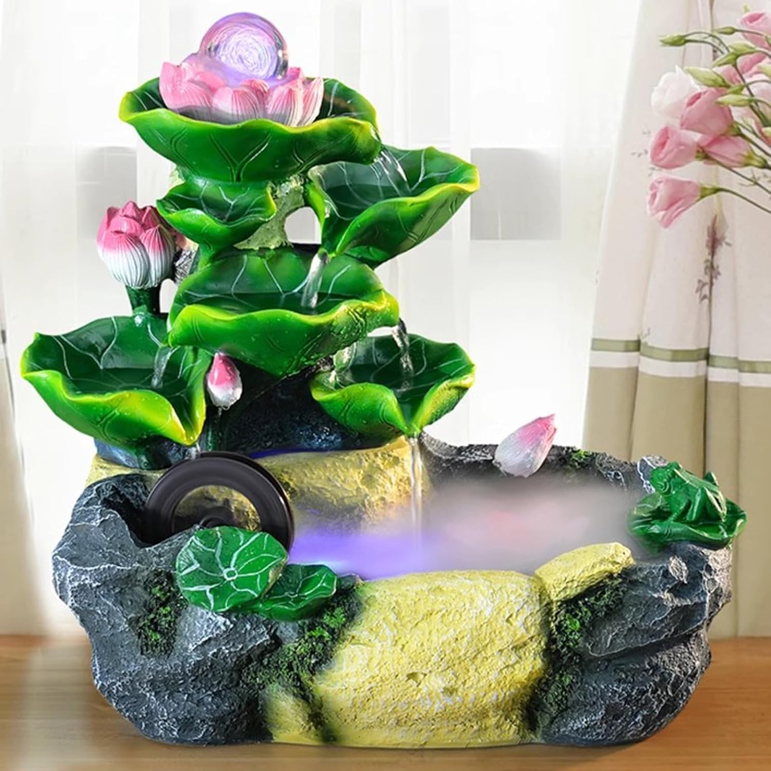 Tabletop Fountain Small Desktop Lotus and Flowing Water Decorations Office Desk Fortune Crystal Ball Fountain Living Room Porch Decorations Desktop Fountain (Size : M)