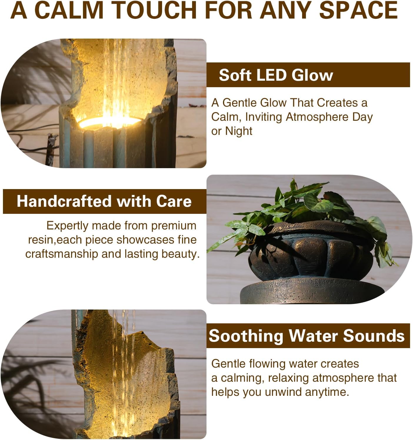 Sunlinua Outdoor Water Fountain with LED Light, Modern Spiral Tiered Outdoor Fountain with Stone Planter Curved Freestanding Waterfall Fountains for Garden Patio Deck Porch Gold