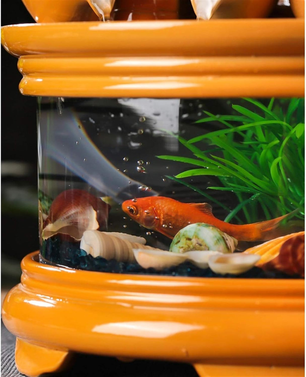 Fountain Waterfall Glass Fish Tank with Lucky Cat, Indoor Ceramic Cascading Decorative Fountain for Home Office Tabletop Indoor Relax, Christmas Ideas