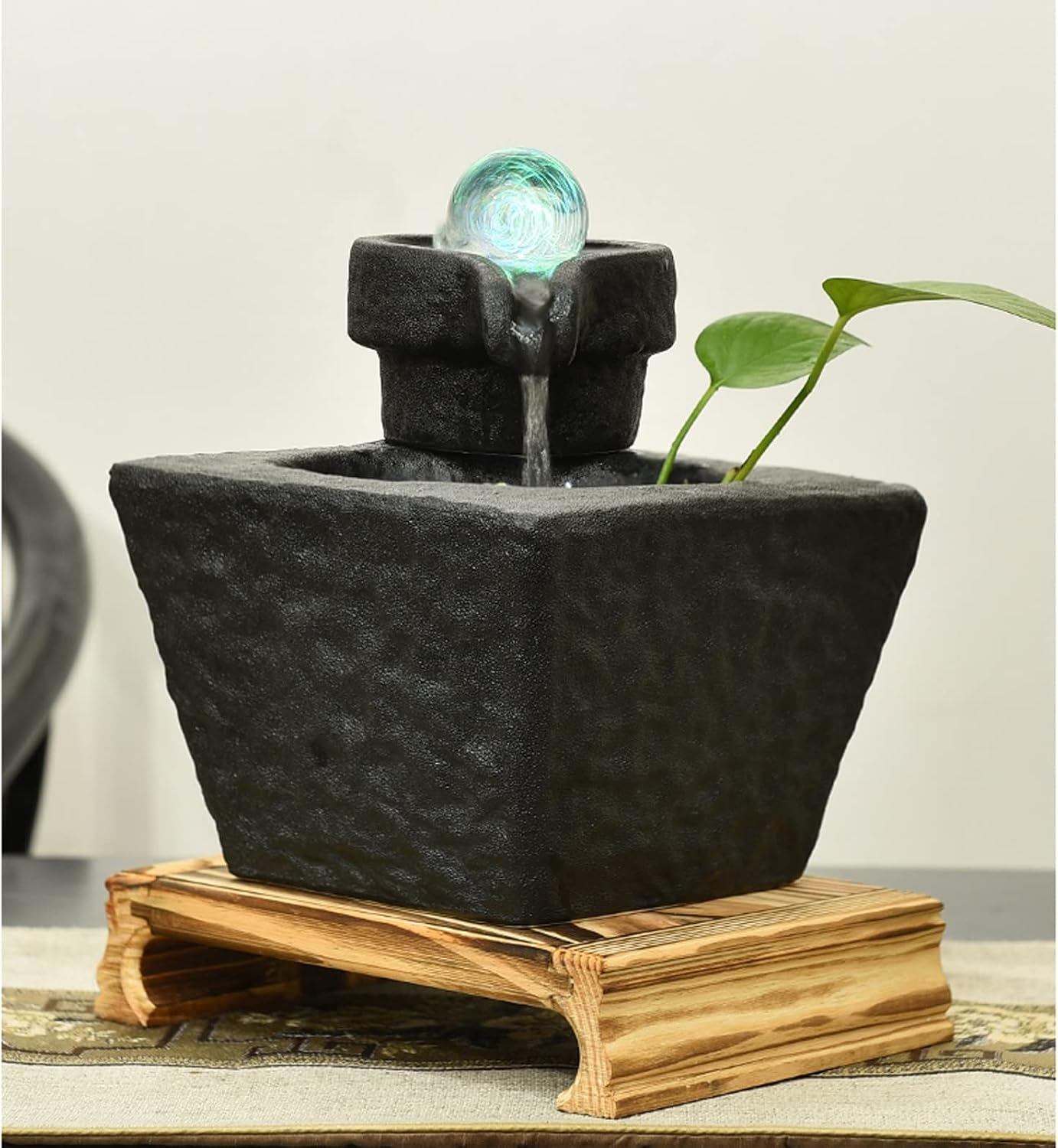 Desktop Fountain Ceramic Tabletop Fountain with Ball, Pump and Wooden Basefor Indoor Creative Flowing Water Table Desk Office and Home Decoration, Black
