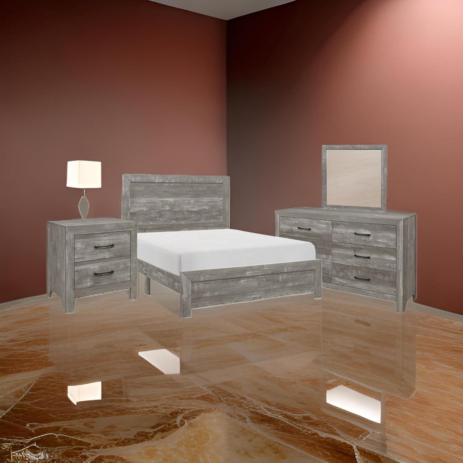 Benzara EB Four Piece Queen Size Bedroom Set- Farmhouse Style- Gray- Black