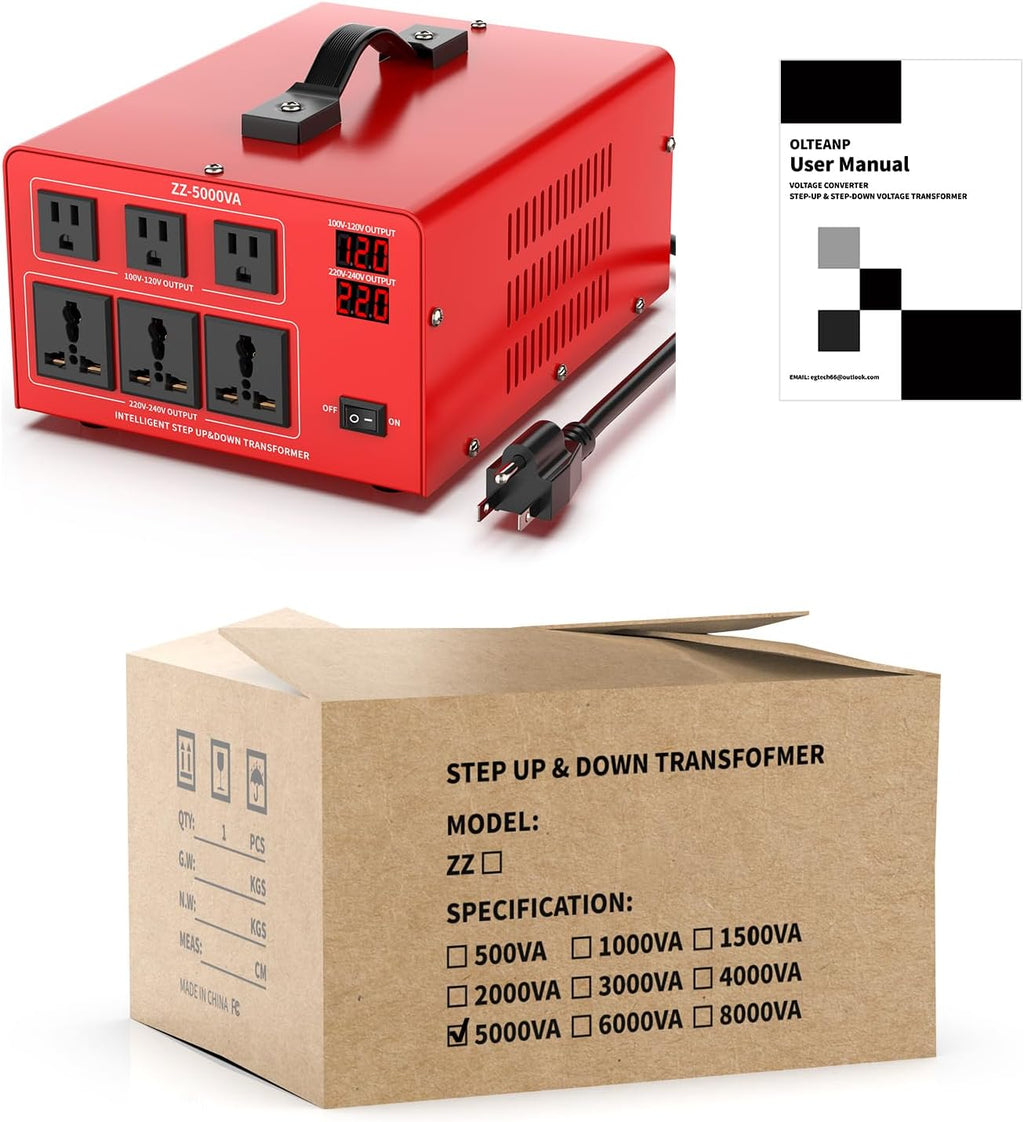 5000W Heavy Duty Voltage Converter Transformer – Step Up 110V to 220V & Step Down 220V to 110V, Auto Input Recognition, 3 US & 3 Universal Outlets, LCD Display, Circuit Breaker for Travel & Home