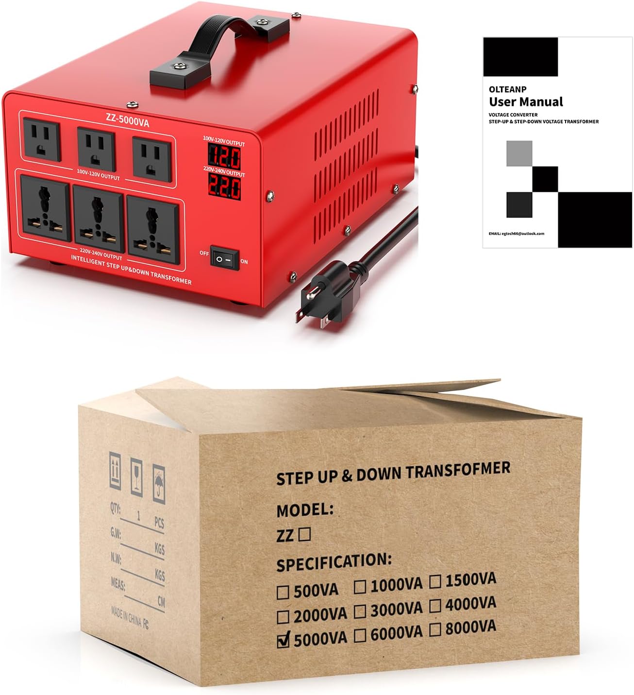 5000W Heavy Duty Voltage Converter Transformer – Step Up 110V to 220V & Step Down 220V to 110V, Auto Input Recognition, 3 US & 3 Universal Outlets, LCD Display, Circuit Breaker for Travel & Home