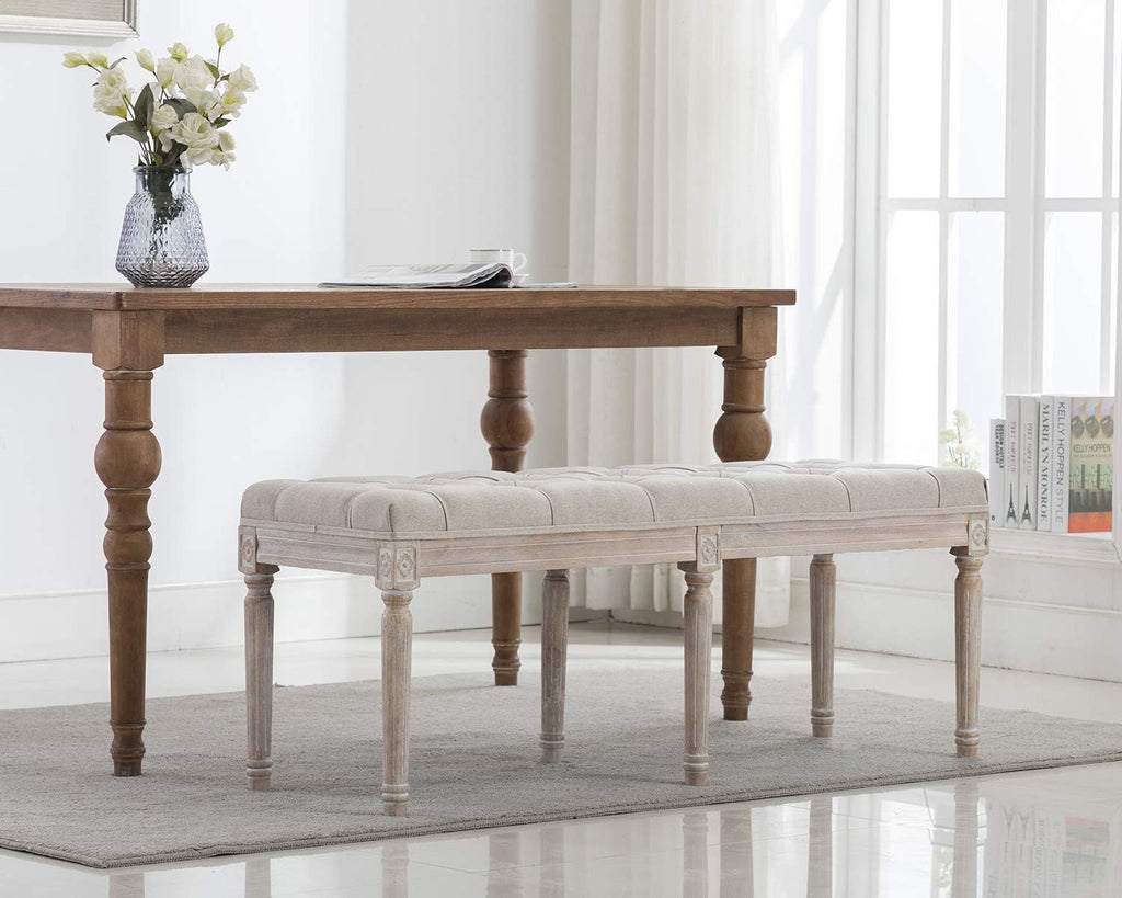 Kmax 45.3' Upholstered Dining Room Bench, Rustic Living Room Ottoman Bench with Carved Pattern & Rustic White Brushed Rubber Wood Legs, Beige