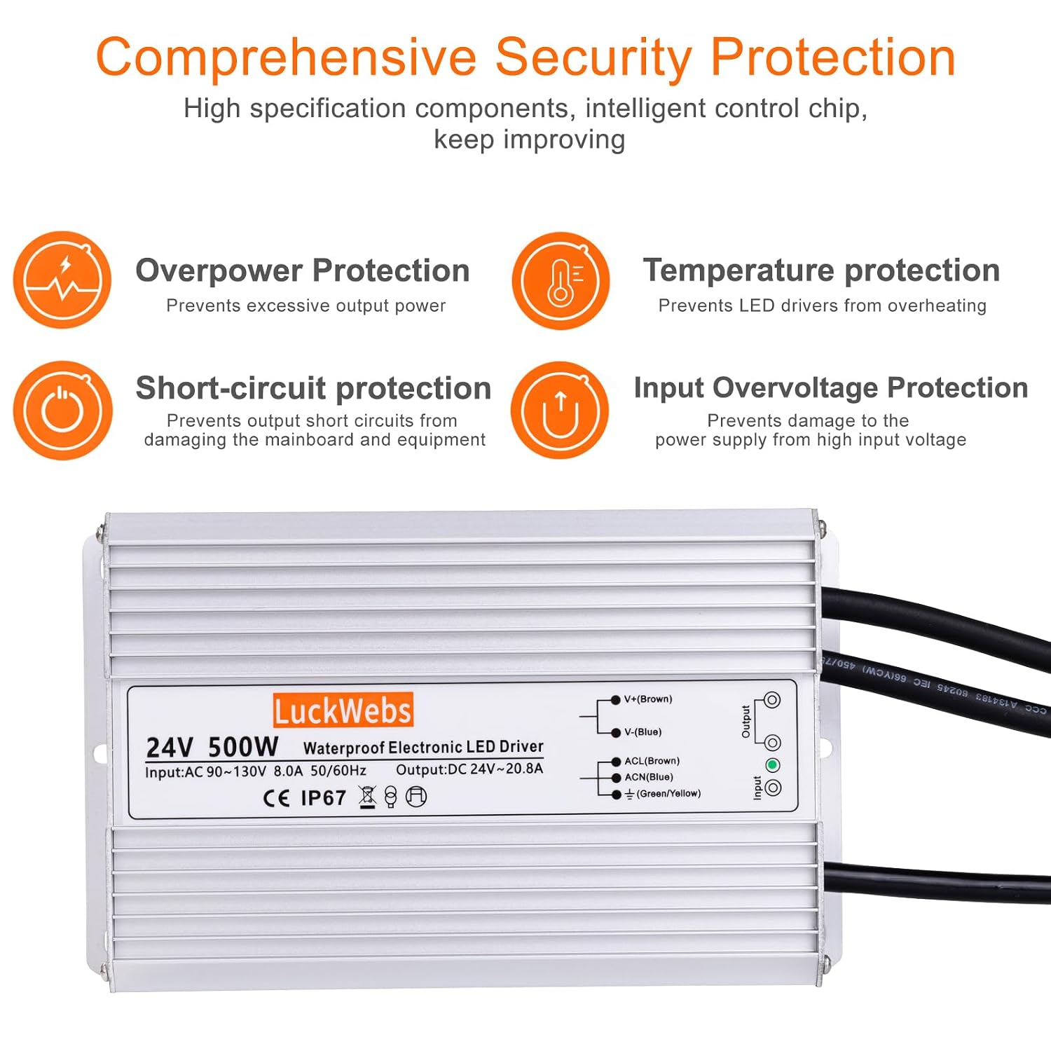 LED Driver 24V 500W Waterproof Power Supply AC90-130V to DC24V20.8A Low-Voltage IP67 Transformer Suitable for Street Lights Lawn Lights LED Outdoor Landscape Lighting Waterproof Transformer