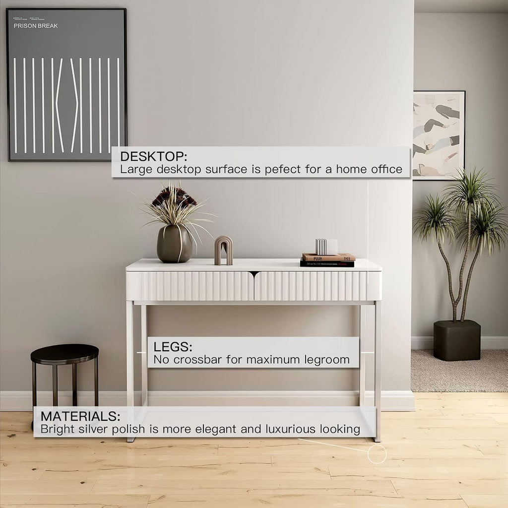 Tamworth Design Modern Multi-Purpose Desk, White & Antique Brass, 43' L x 15.75' W, 2 Large Drawers, Computer/Vanity/Study, Adult Size