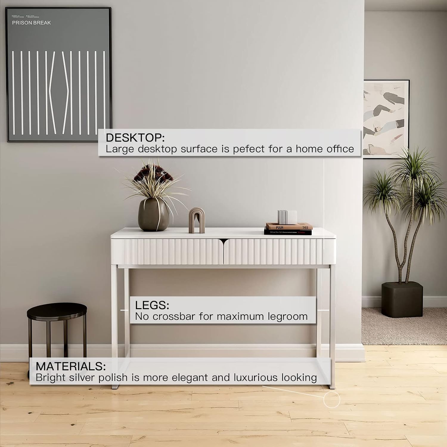 Tamworth Design Modern Multi-Purpose Desk, White & Antique Brass, 43' L x 15.75' W, 2 Large Drawers, Computer/Vanity/Study, Adult Size