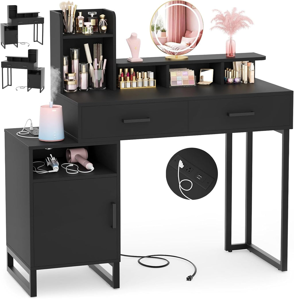 Besiost Vanity Desk, Small Vanity Desk with Power Outlet, Makeup Desk with Drawers and Cabinets, Vanity Set with Storage Shelves for Bedroom, No Mirror, Black
