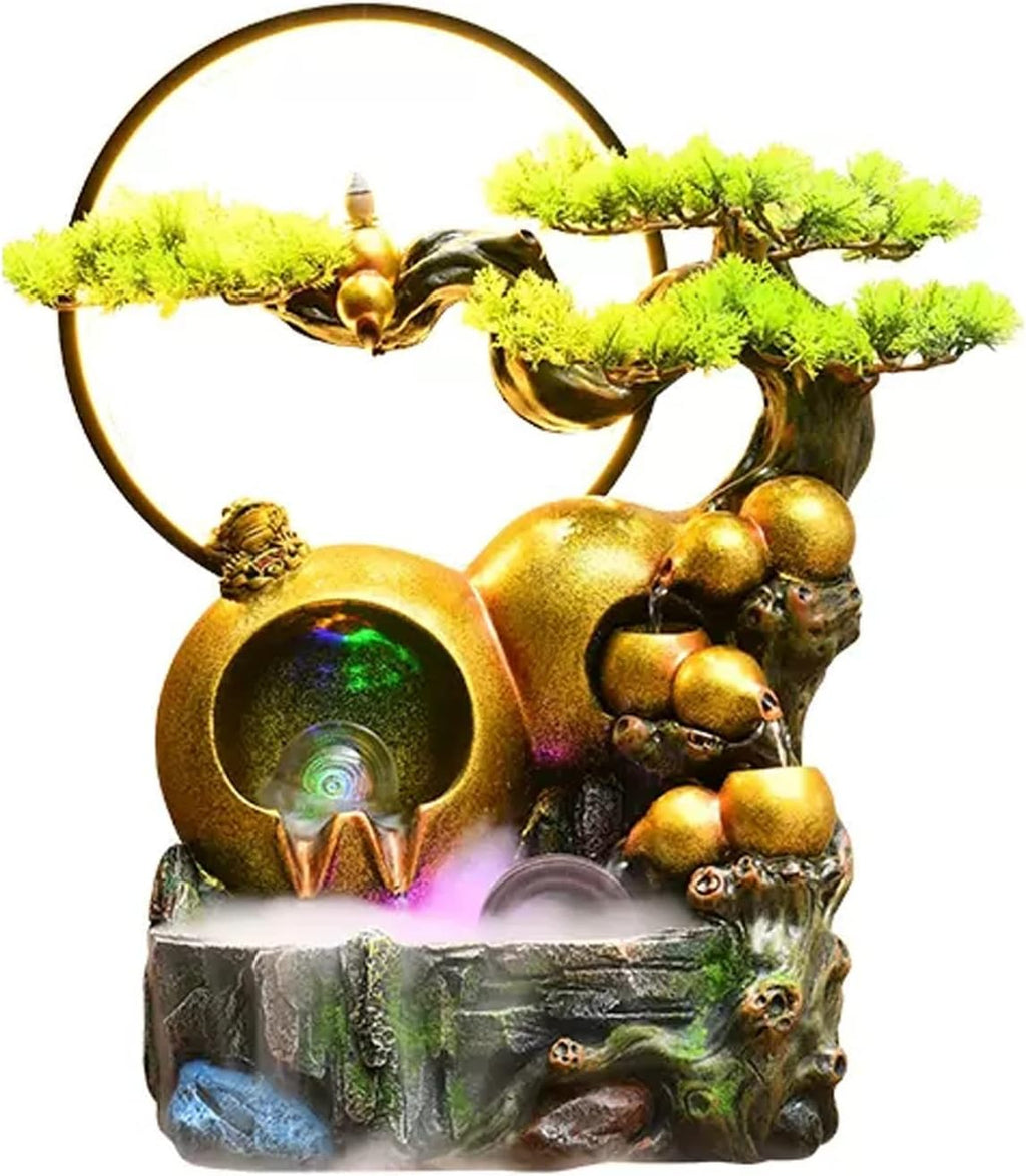 Tabletop Fountain Tabletop Water Fountain Resin Relaxation Meditation Desktop with Golden Gourd and Artificial Bonsai Design, Indoor Waterfall Feature for Home Office Decor(Large)
