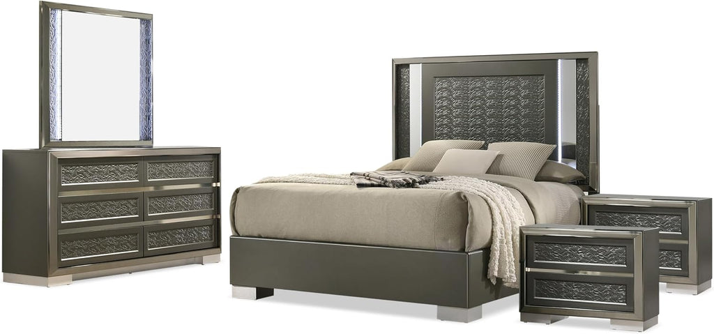 Furniture of America Uself Modern Solid Wood 5-Piece Bedroom Set with LED on Headboard and Mirror, Silver Bracketed Feet, Leaf Pattern Molding, No Box Spring Needed, King, Dark Gray