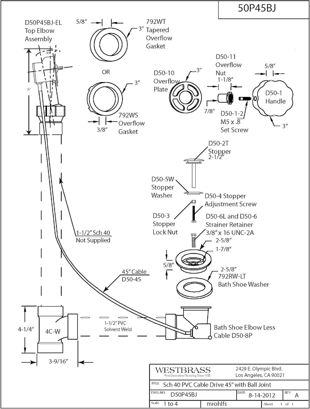 Westbrass A50P45BJ-65 1-1/2' Sch. 40 PVC 45' Cable Driven Bath Waste Kit with Ball Joint Head and Brass Trim Drain Kit, Biscuit