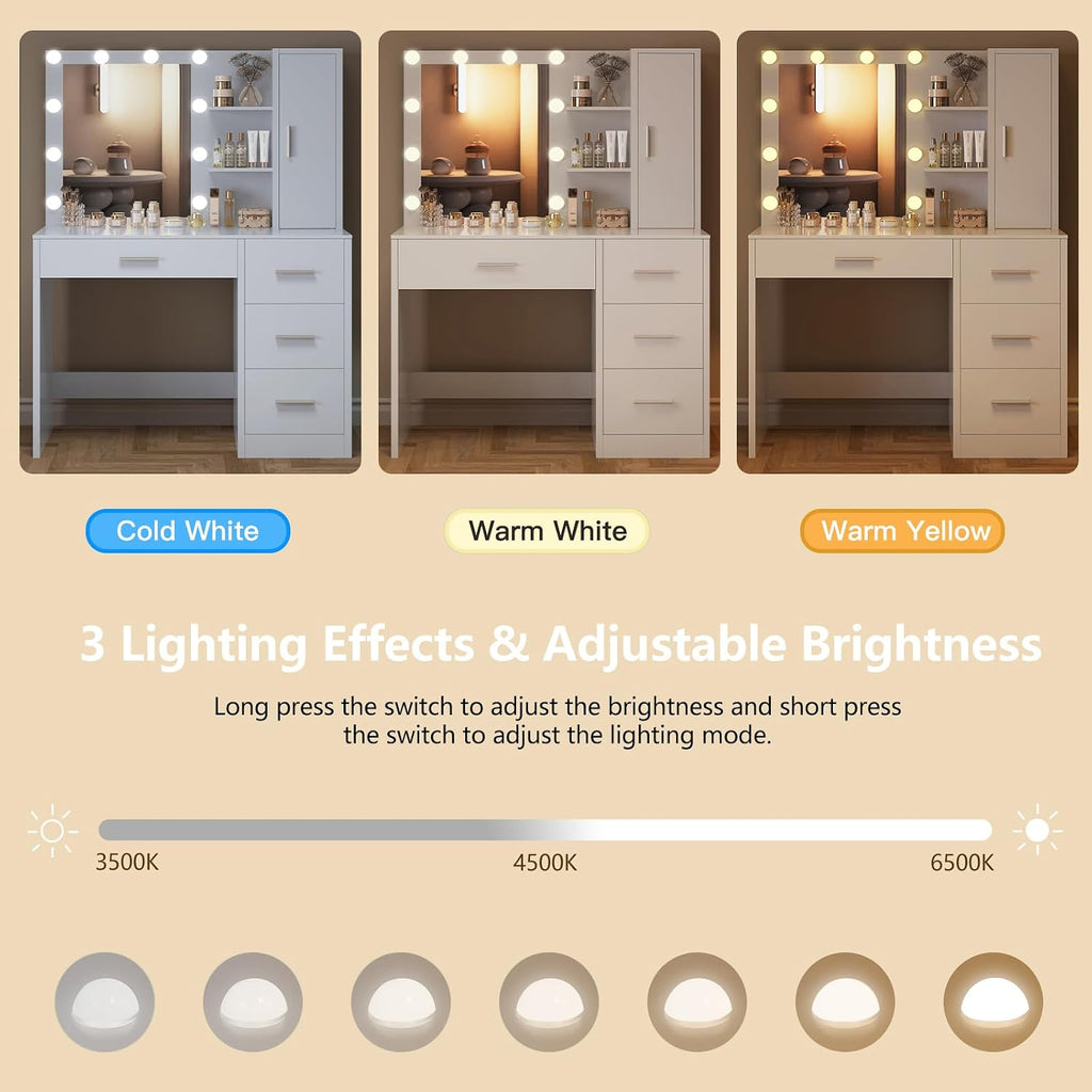usikey Makeup Vanity with Lights, Vanity Desk with Mirror and 10 LED Lights, White Table with 4 Drawers, Cabinet & 4 Necklace Hooks, Dressing Table for Bedroom,Grils Vanity, White