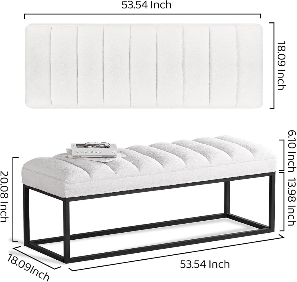 53.5-Inch Upholstered Velvet Ottoman, White Indoor Bench for Entryway, Shoe Bench, Bedroom Seat, End-of-Bed Ottoman, or Vanity Bench with Metal Base (White)