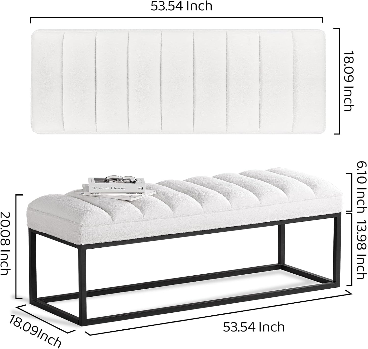 53.5-Inch Upholstered Velvet Ottoman, White Indoor Bench for Entryway, Shoe Bench, Bedroom Seat, End-of-Bed Ottoman, or Vanity Bench with Metal Base (White)