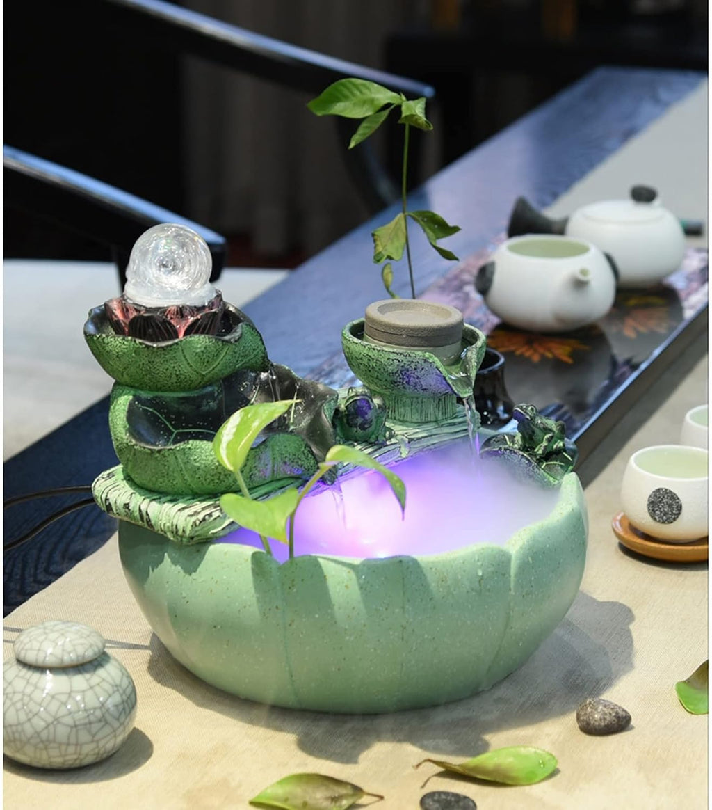 Desktop Fountain Tabletop Water Fountain with Rotating Ball and Pump Lotus Flower Leaf Cascading Waterfall Design Indoor for Office Home Décor, Green(Large)