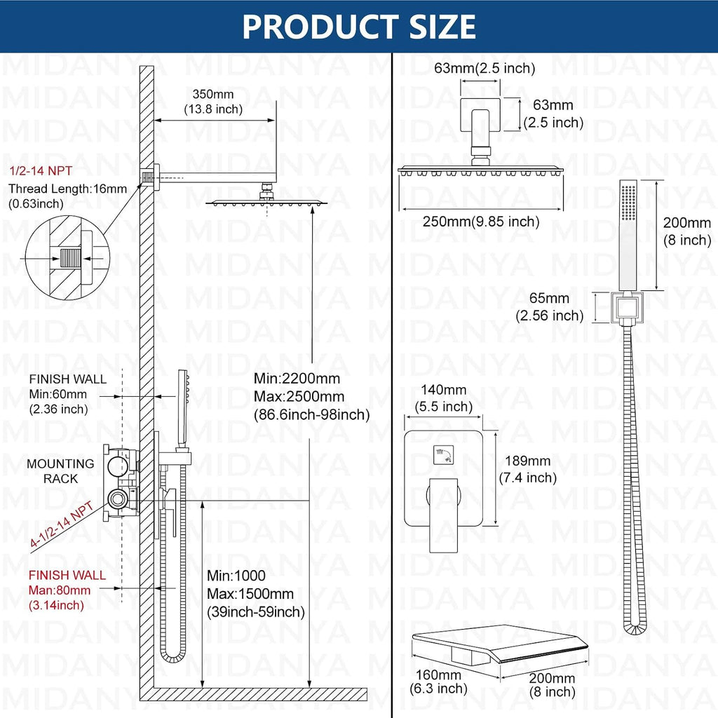 Midanya Brushed Nickel Single Handle Slotted Waterfall Vanity Bathroom Sink Faucets with 10 Inch Brushed Nickel Rain Shower System Tub Shower Faucet Set Square Rainfall Shower Head