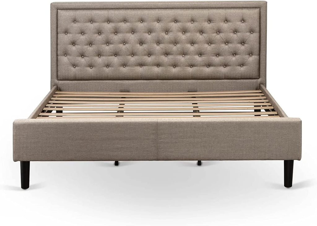 East West Furniture KDF-16-K Platform King Size Bed - Dark Khaki Linen Fabric Upholstered Bed Headboard with Button Tufted Trim Design - Black Legs