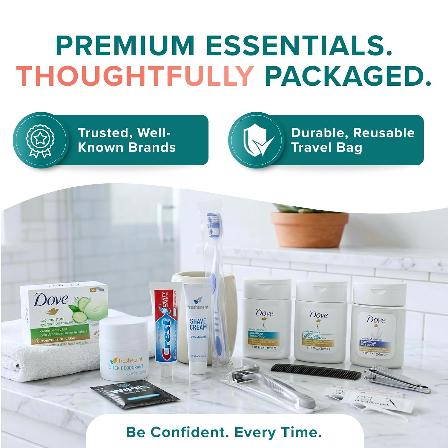 20 Piece Hygiene Kit Bulk, Travel Size Toiletries Set, Care Package Supplies, Mini Deodorant Shampoo Body Wash Toothbrush Toothpaste Razor Kit, TSA Approved, Clear Bag