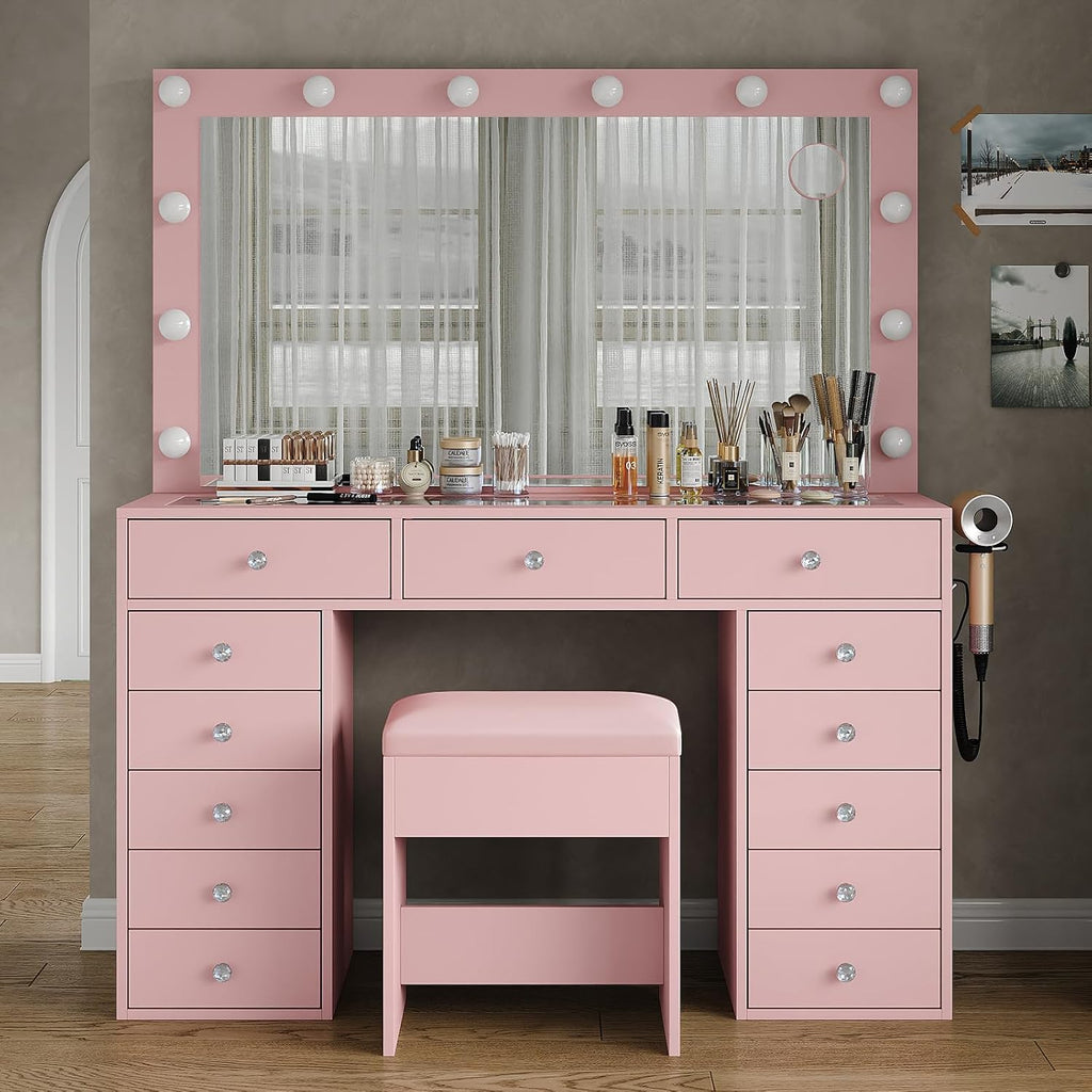 FUSOU 13 Drawers Vanity Desk, 47''W Makeup Vanity with Power Outlet, Vanity Table with Mirror and 12 LED Bulbs, 3 Color Lighting Modes, Glass Top, Dressing Table for Bedroom (Pink)
