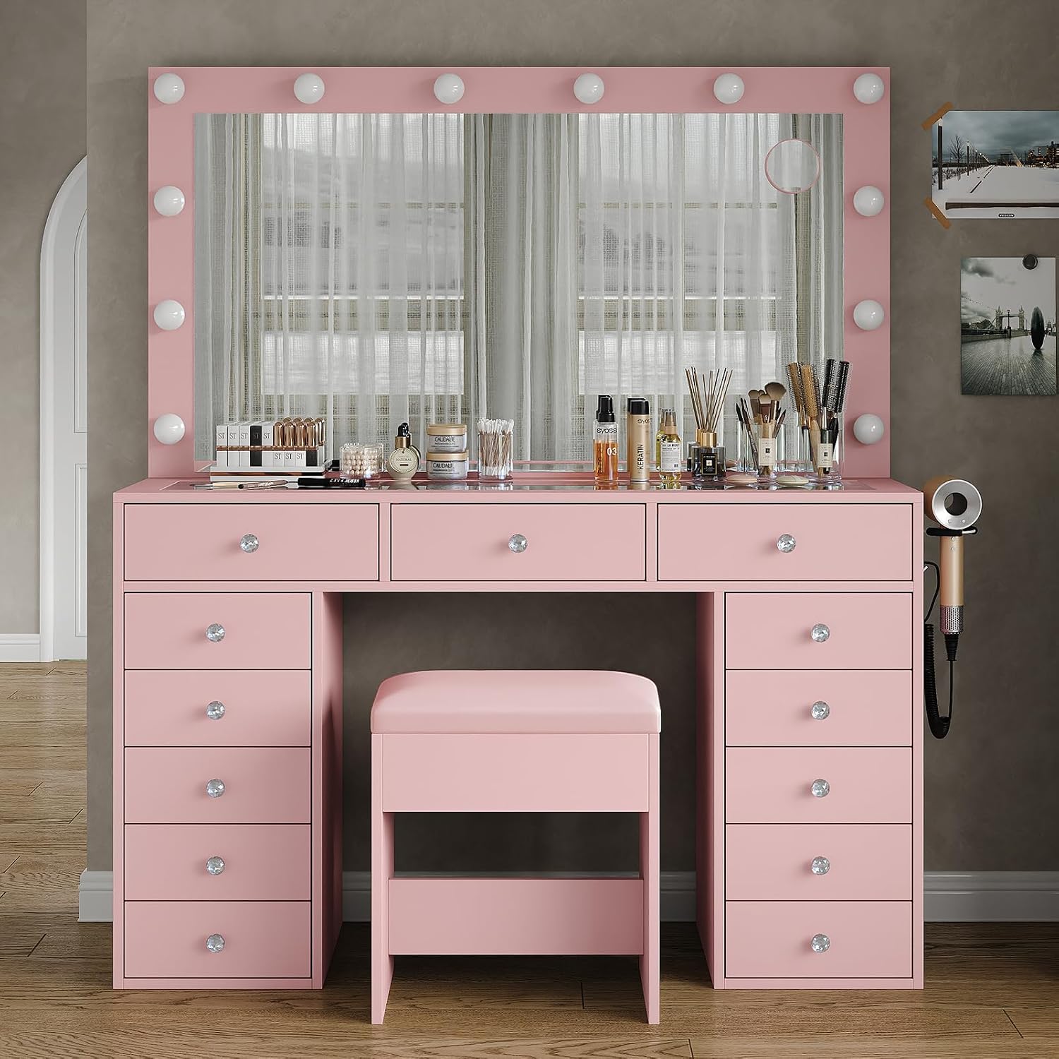 FUSOU 13 Drawers Vanity Desk, 47''W Makeup Vanity with Power Outlet, Vanity Table with Mirror and 12 LED Bulbs, 3 Color Lighting Modes, Glass Top, Dressing Table for Bedroom (Pink)