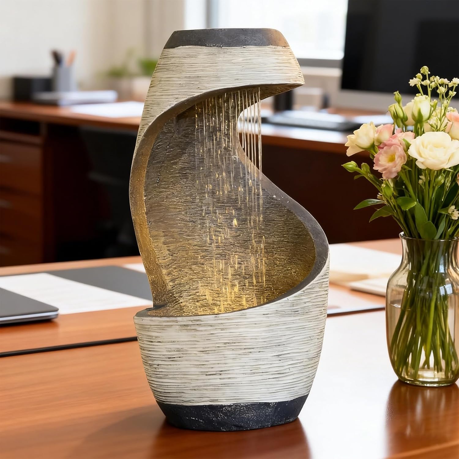 Sunlinua Modern Tabletop Water Fountain for Women Indoor Zen Relaxation Water Fountains Desktop Waterfall with Soothing Sound for Meditation Desk Home Office Decor