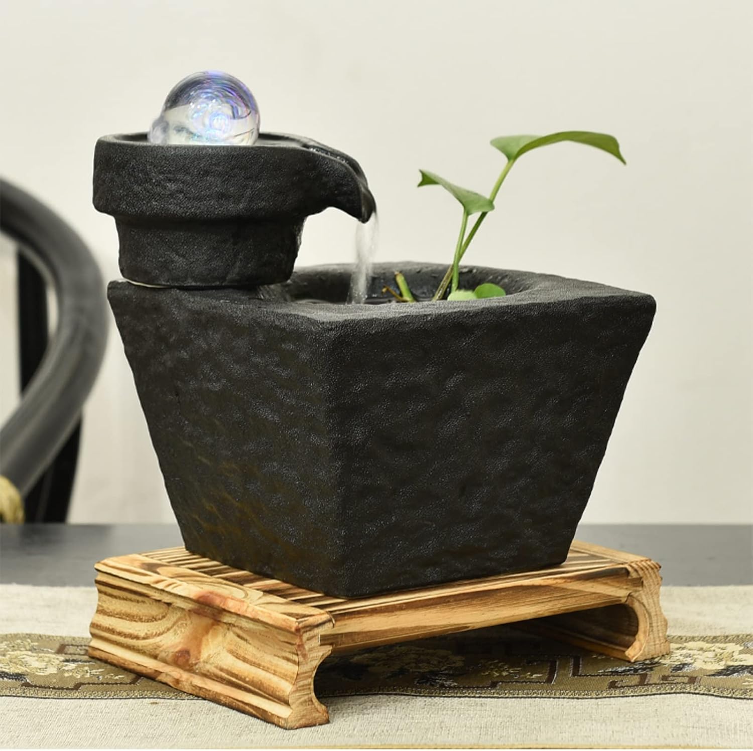 Desktop Fountain Ceramic Tabletop Fountain with Ball, Pump and Wooden Basefor Indoor Creative Flowing Water Table Desk Office and Home Decoration, Black