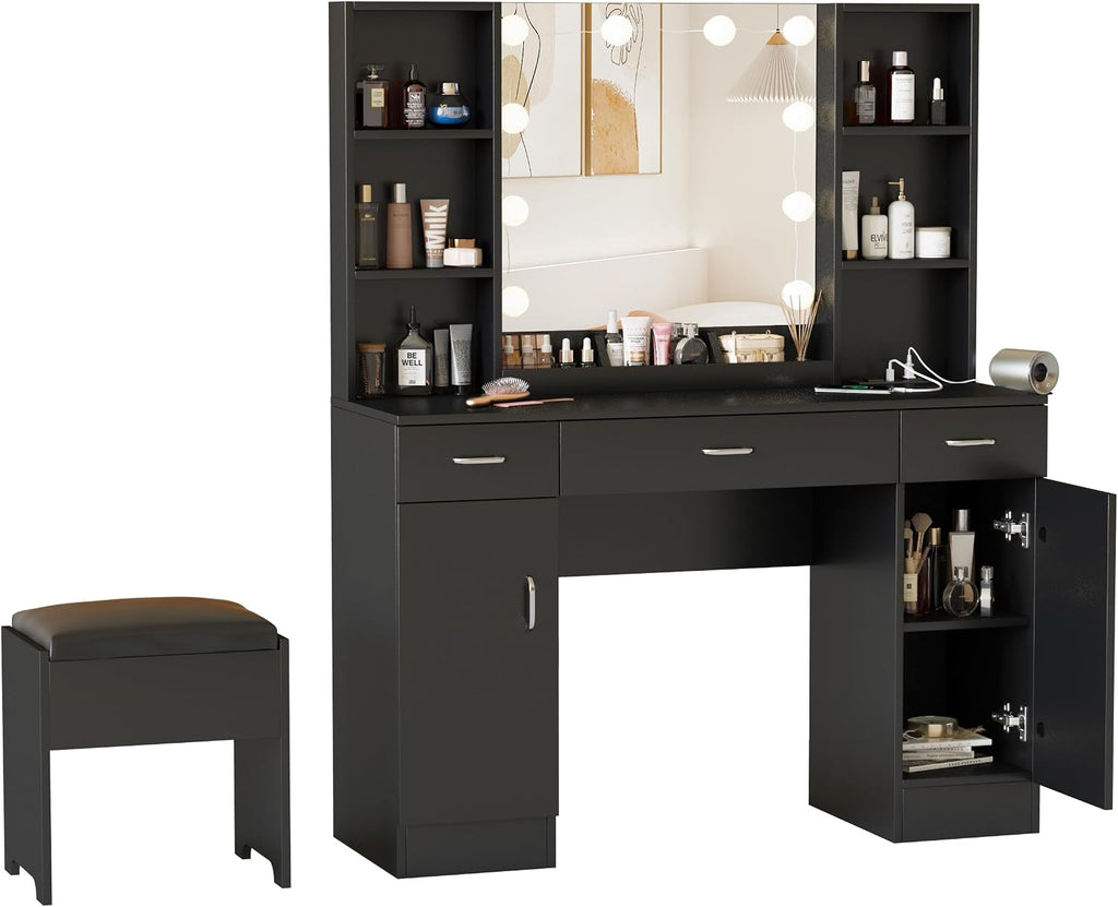 Vabches Vanity Desk with Lights and Mirror, Makeup Vanity Table with Charging Station, 45in Big Vanity Set with Storage Stool, Black
