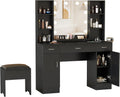 Vabches Vanity Desk with Lights and Mirror, Makeup Vanity Table with Charging Station, 45in Big Vanity Set with Storage Stool, Black