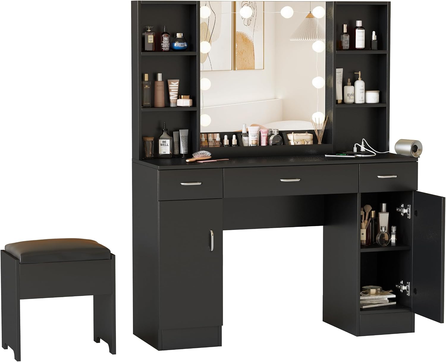 Vabches Vanity Desk with Lights and Mirror, Makeup Vanity Table with Charging Station, 45in Big Vanity Set with Storage Stool, Black
